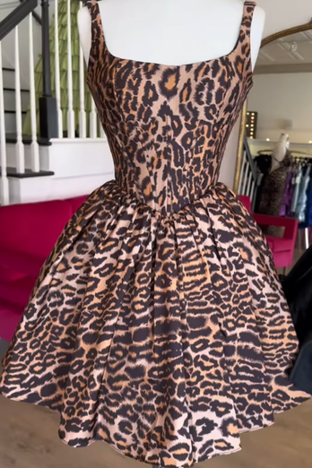 Brown Leopard A Line Square Neck Short Corset Homecoming Dress
