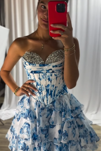 Floral Pink A Line Sweetheart Short Corset Homecoming Dress