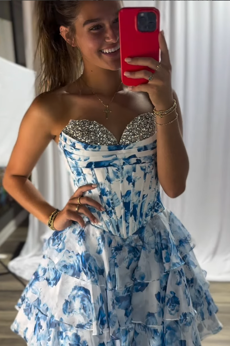 Load image into Gallery viewer, Floral Pink A Line Sweetheart Short Corset Homecoming Dress
