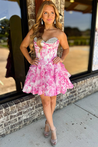 Floral Pink A Line Sweetheart Short Corset Homecoming Dress