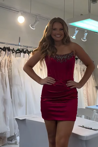 Red Satin Tight Short Corset Homecoming Dress with Beading