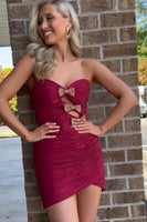 Load image into Gallery viewer, Burgundy Tight Ruched Short Homecoming Dress with Bows