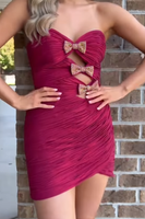 Load image into Gallery viewer, Burgundy Tight Ruched Short Homecoming Dress with Bows