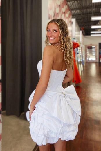 White A Line Tiered Strapless Short Homecoming Dress with Bow