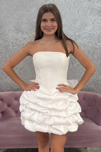 White A Line Tiered Strapless Short Homecoming Dress with Bow