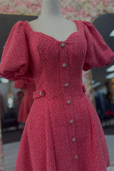 Red Tweed A Line Short Homecoming Dress with Sleeves