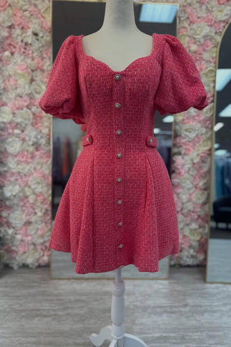 Red Tweed A Line Short Homecoming Dress with Sleeves