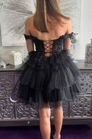 Load image into Gallery viewer, Black A Line Tulle Tiered Short Corset Homecoming Dress