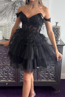 Load image into Gallery viewer, Black A Line Tulle Tiered Short Corset Homecoming Dress