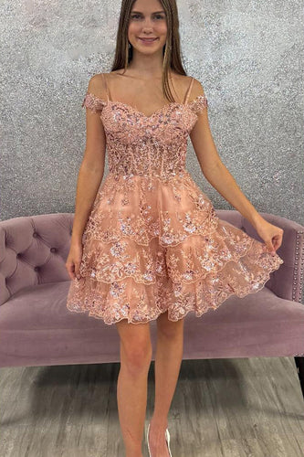 Floral Blush A Line Tiered Short Corset Homecoming Dress