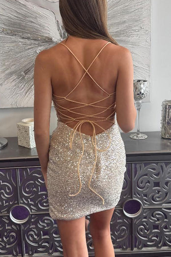 Sparkly Gold Tight Sequins Beaded Short Homecoming Dress with Slit