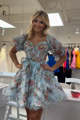 Floral Blue A Line Ruffled Tulle Short Corset Homecoming Dress