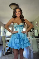 Load image into Gallery viewer, Floral Blue A Line Tiered Sweetheart Short Corset Homecoming Dress