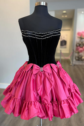 Black and Fuchsia A Line Beaded Short Homecoming Dress with Bows