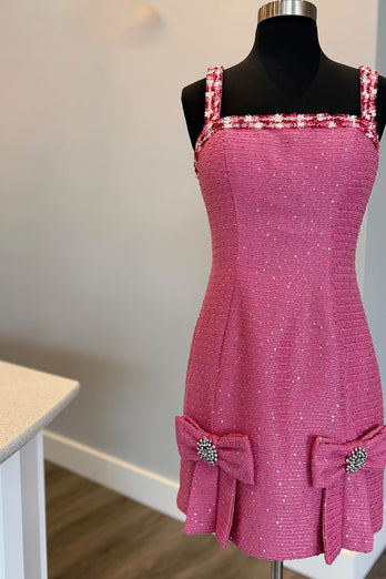 Sparkly Blue Tweed Tight Short Homecoming Dress with Bows