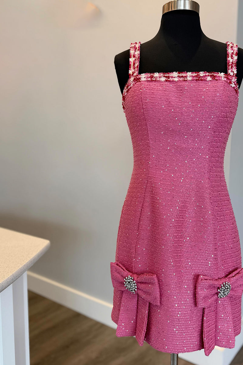 Load image into Gallery viewer, Sparkly Blue Tweed Tight Short Homecoming Dress with Bows