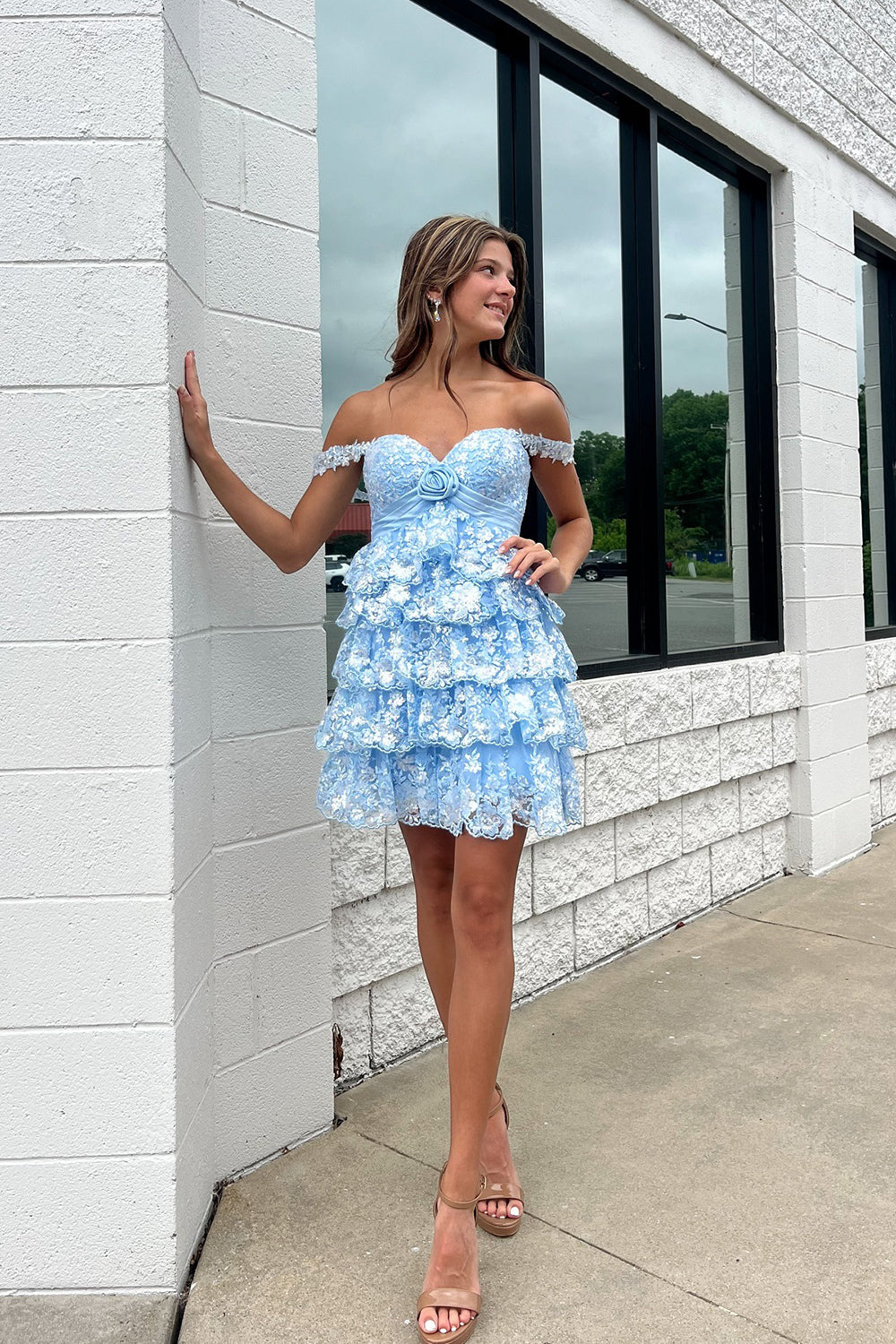 Floral Blue A Line Lace Tiered Short Homecoming Dress