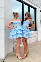 Load image into Gallery viewer, Floral Blue A Line Lace Tiered Short Homecoming Dress