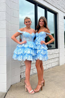 Load image into Gallery viewer, Floral Blue A Line Lace Tiered Short Homecoming Dress