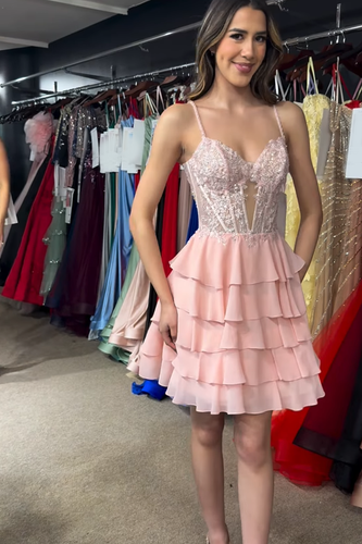 Pink A Line Chiffon Tiered Short Homecoming Dress with Appliques
