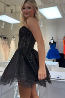 Load image into Gallery viewer, Sparkly Black A Line Sweetheart Short Corset Homecoming Dress