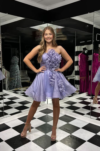Metallic Lilac A Line Ruched Short Homecoming Dress with Ruffles