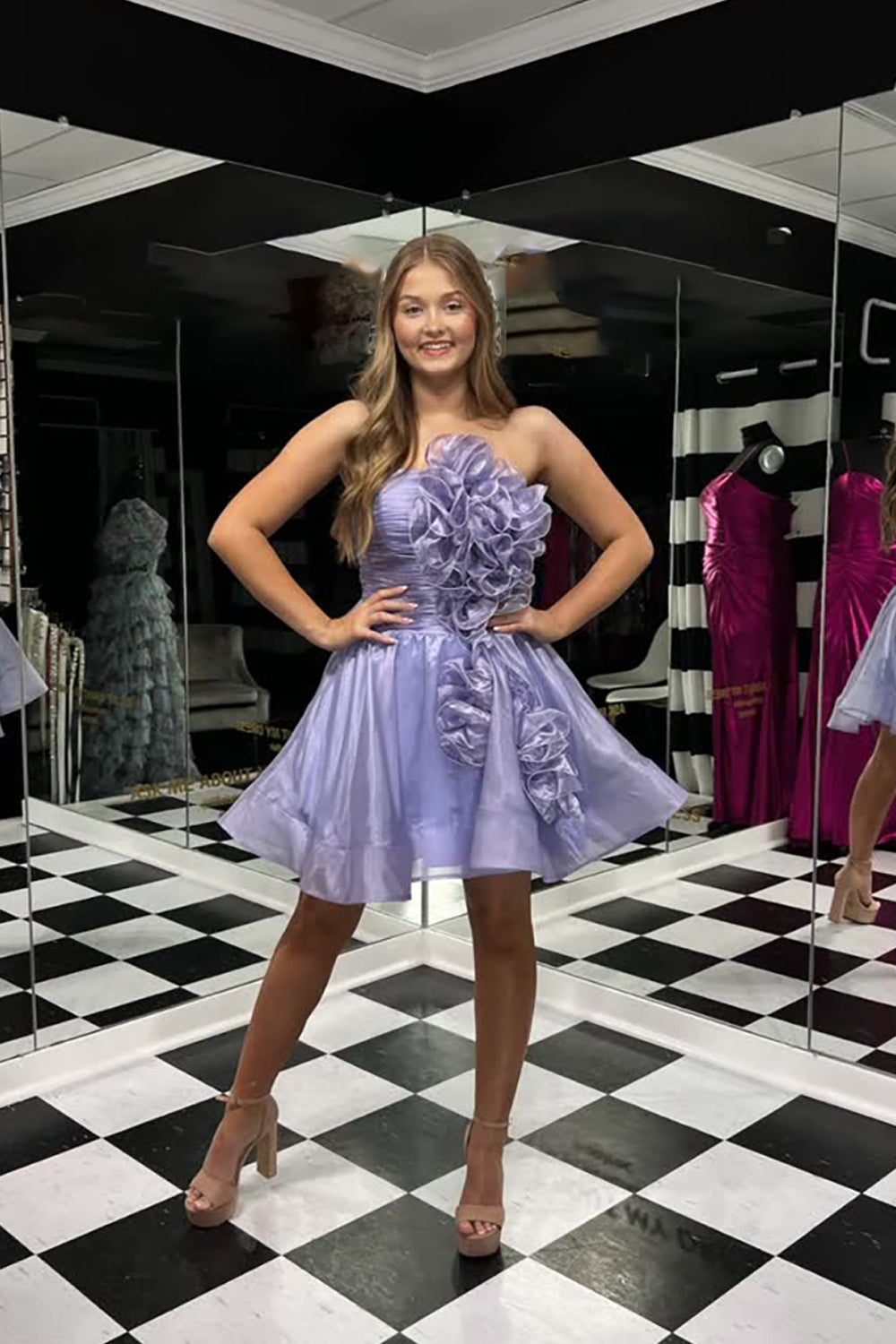 Metallic Lilac A Line Ruched Short Homecoming Dress with Ruffles