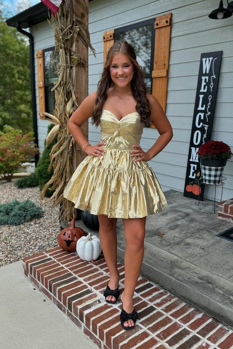 Load image into Gallery viewer, Metallic Gold A Line Ruched Short Homecoming Dress
