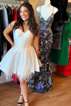 White A Line Short Corset Homecoming Dress with Feathers