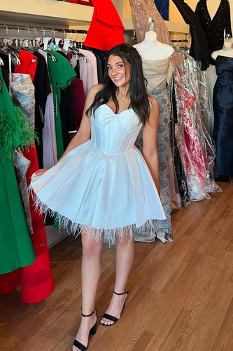 White A Line Short Corset Homecoming Dress with Feathers