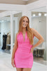 Load image into Gallery viewer, Fuchsia Tight Satin Ruched Short Homecoming Dress with Bow