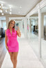 Load image into Gallery viewer, Fuchsia Tight Satin Ruched Short Homecoming Dress with Bow