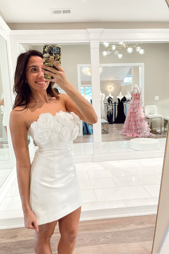 White Bodycon Strapless Short Homecoming Dress with 3D Flowers