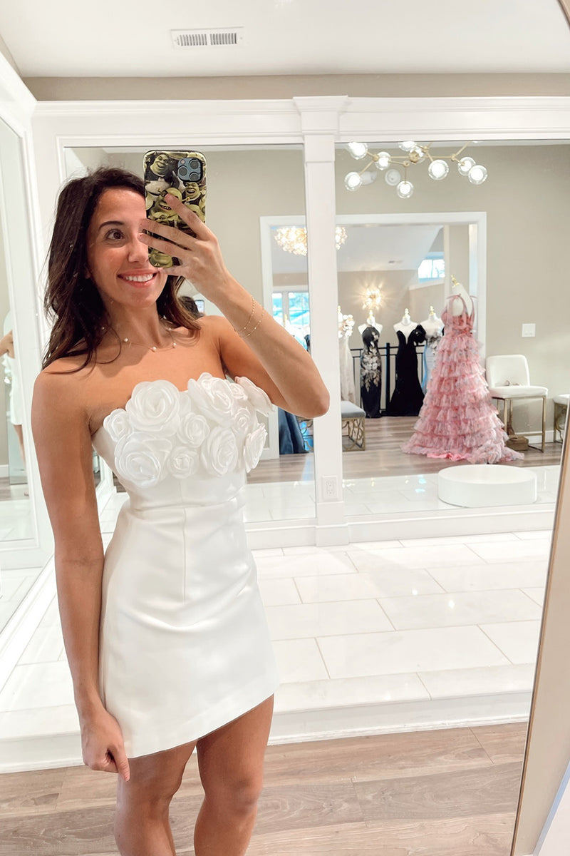 Load image into Gallery viewer, White Bodycon Strapless Short Homecoming Dress with 3D Flowers