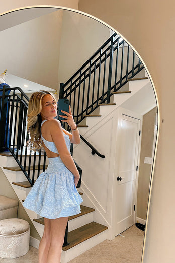 Floral Light Blue A Line Short Homecoming Dress