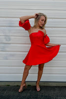 Load image into Gallery viewer, Red A Line Satin Puff Sleeves Short Homecoming Dress