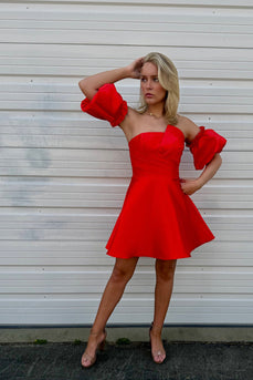 Red A Line Satin Puff Sleeves Short Homecoming Dress