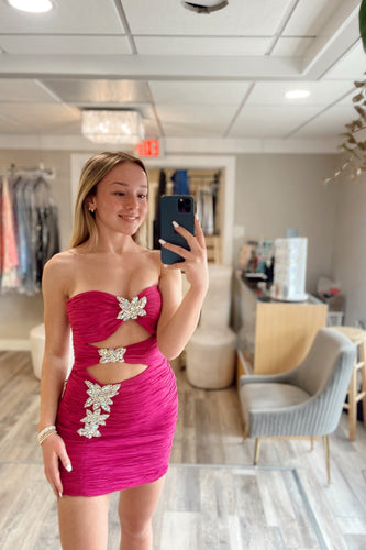 Fuchsia Tight Cut Out Short Homecoming Dress with Rhinestones