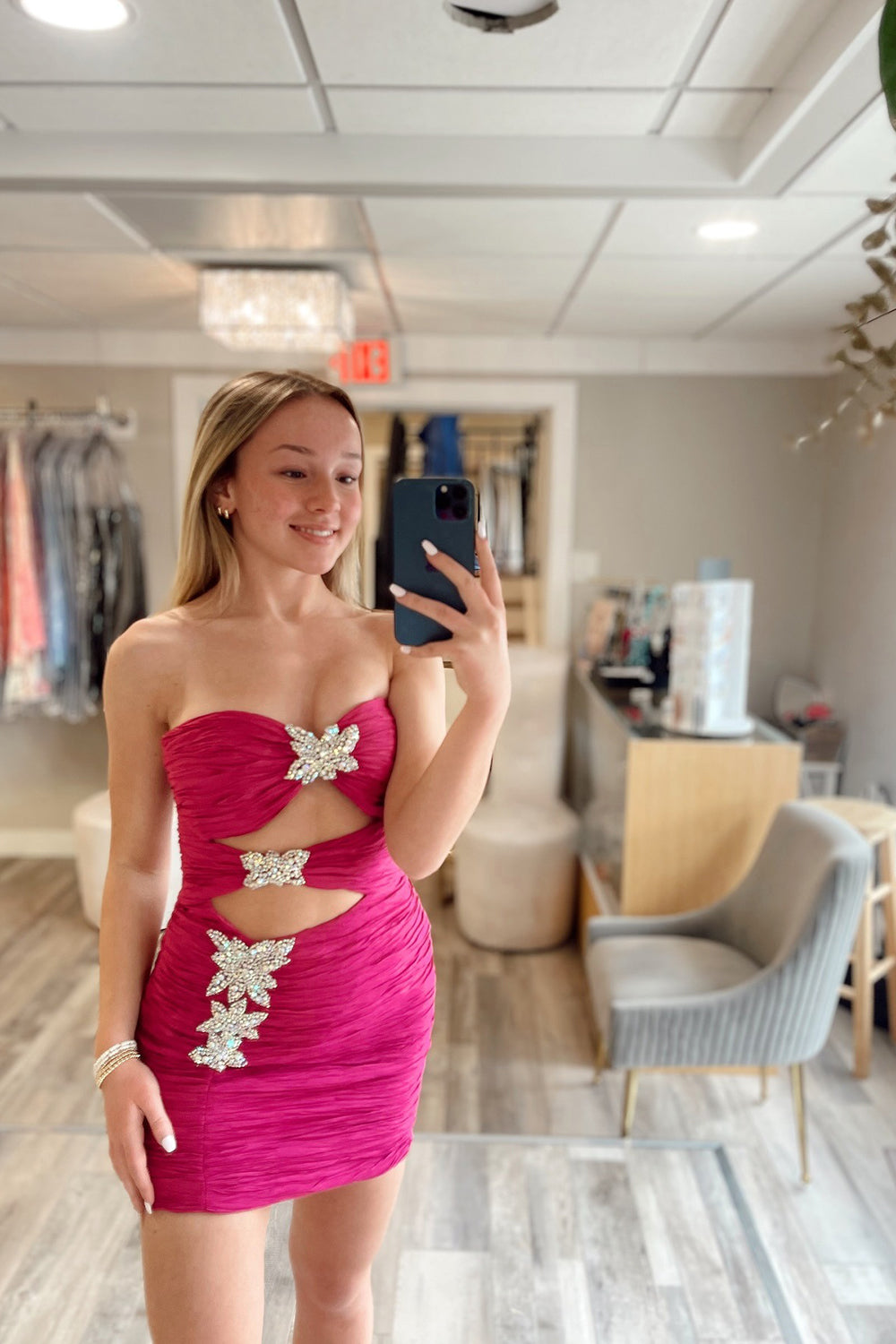 Fuchsia Tight Cut Out Short Homecoming Dress with Rhinestones