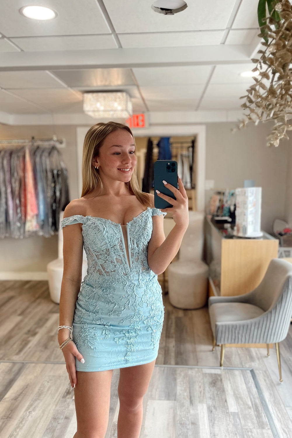 Blue Tight Lace Off The Shoulder Short Corset Homecoming Dress