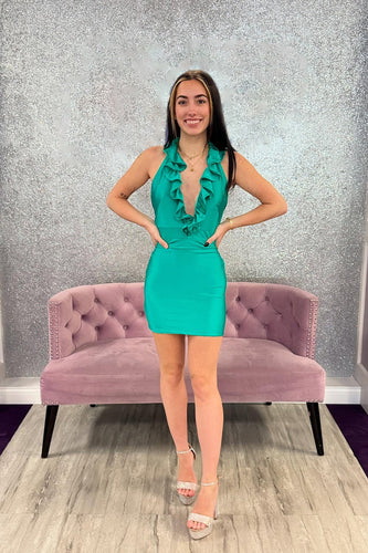 Green Satin Tight Short Homecoming Dress with Ruffles