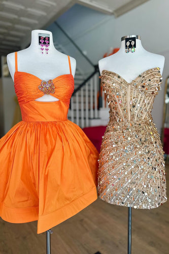 Orange Satin A Line Ruched Short Homecoming Dress with Rhinestones