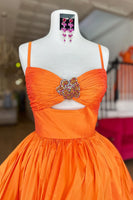 Load image into Gallery viewer, Orange Satin A Line Ruched Short Homecoming Dress with Rhinestones