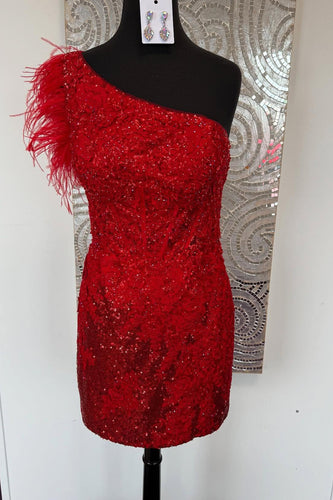 Sparkly Red Tight Beaded Short Corset Homecoming Dress with Feathers
