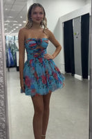 Load image into Gallery viewer, Floral Blue A Line Ruched Strapless Short Homecoming Dress