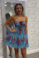 Load image into Gallery viewer, Floral Blue A Line Ruched Strapless Short Homecoming Dress