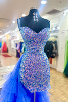 Load image into Gallery viewer, Sparkly Blue Bodycon Sequins Short Homecoming Dress with Ruffles