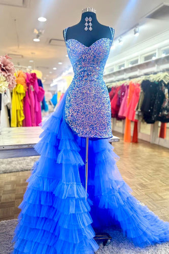 Sparkly Blue Bodycon Sequins Short Homecoming Dress with Ruffles