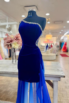 Dark Blue Velvet Tight Short Homecoming Dress with Cape