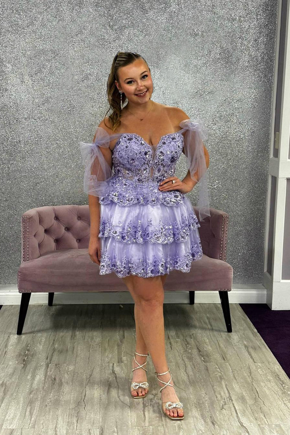 Sparkly Lavender A Line Beaded Short Homecoming Dress with Lace